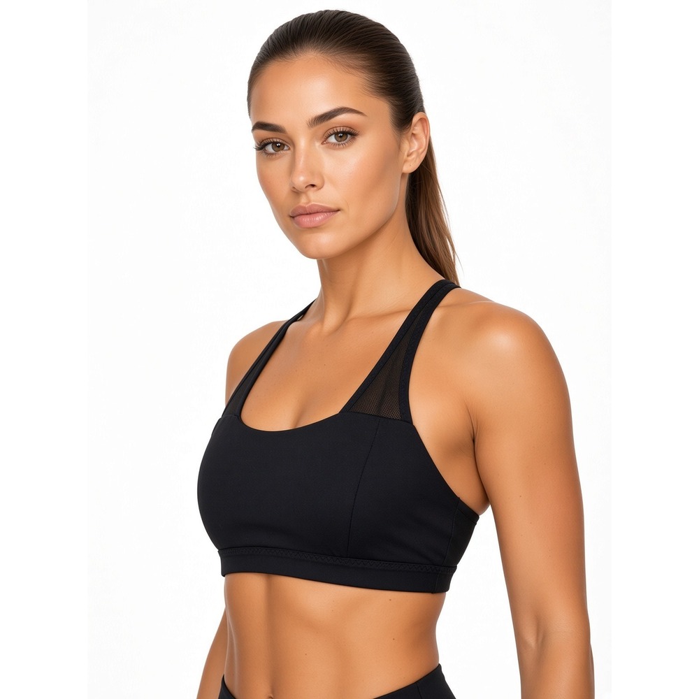 Athleta Black Strappy Mesh Detail Sports Bra Cross Back Size XS